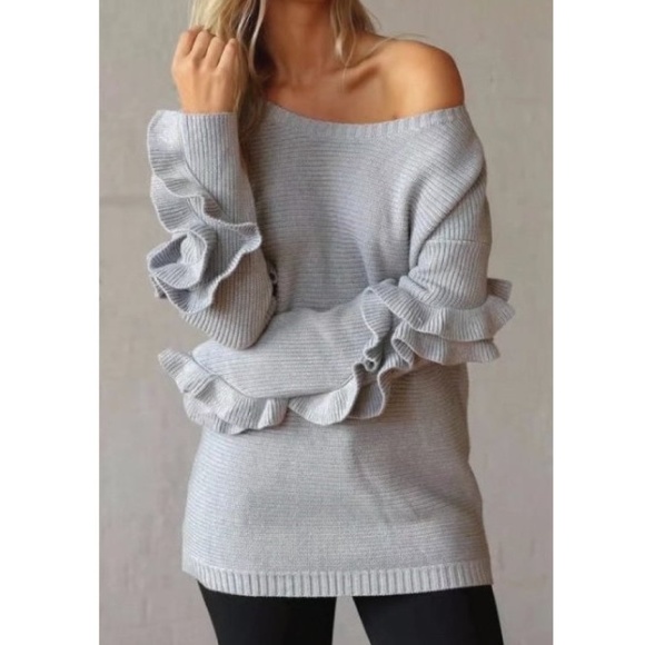 White Ruffle Sleeve Ribbed Sweater Pullover - Picture 4 of 8